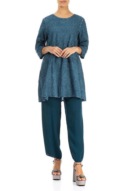 Buttoned Back Embroidered Denim Teal Cotton Tunic 4