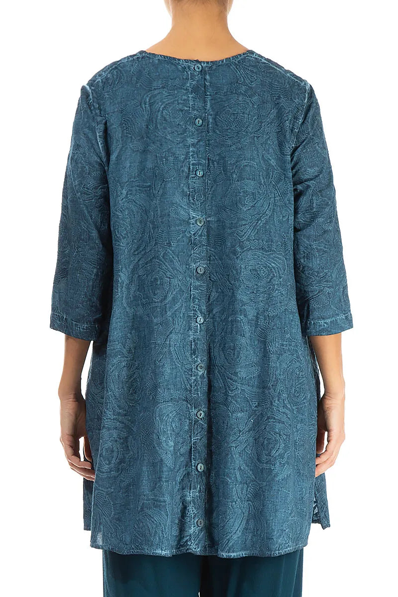 Buttoned Back Embroidered Denim Teal Cotton Tunic 2