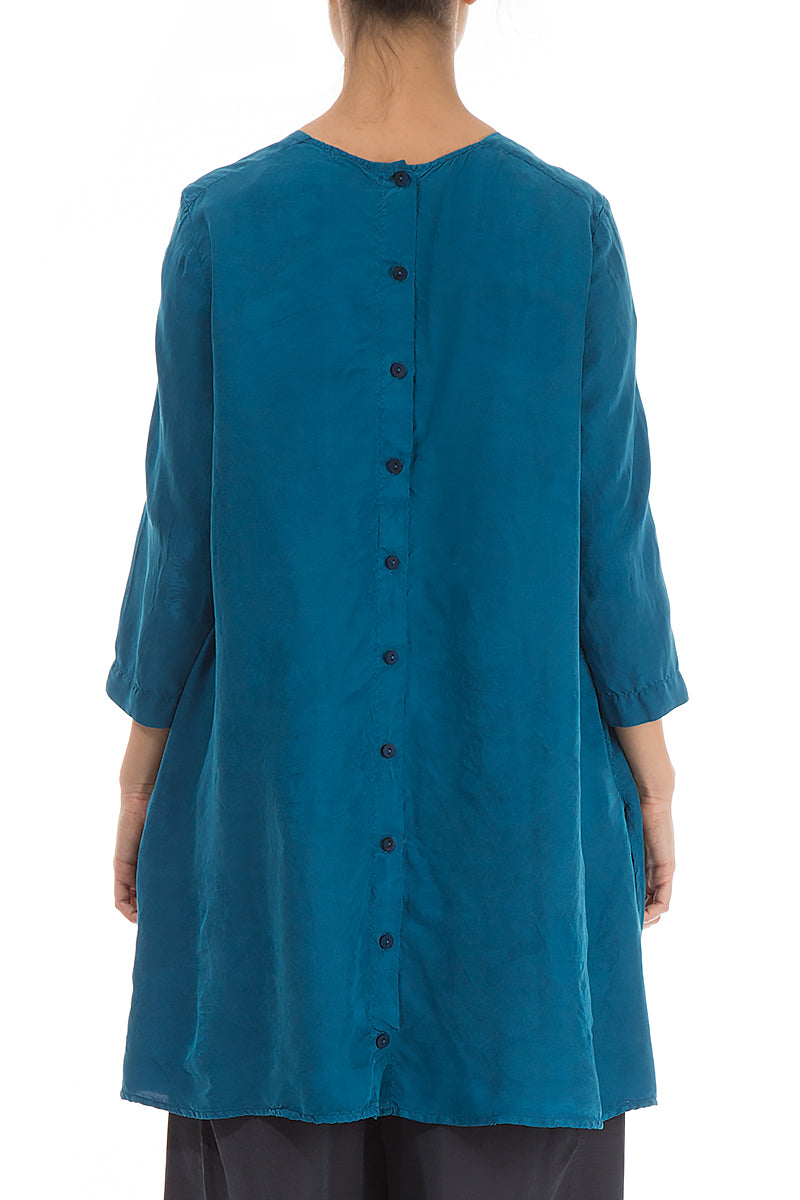 Buttoned Back Flower Pattern Turquoise Silk Tunic