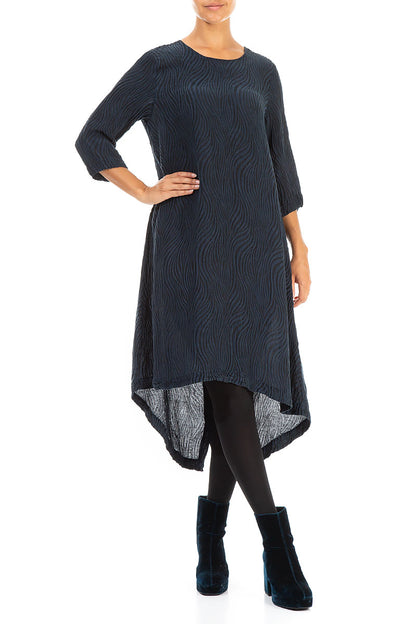 Buttoned Back Wawes Dark Navy Silk Dress