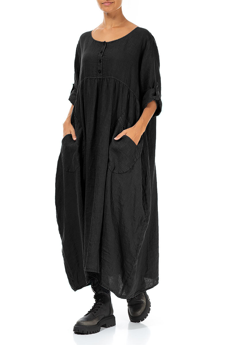 Buttoned Black Linen Dress