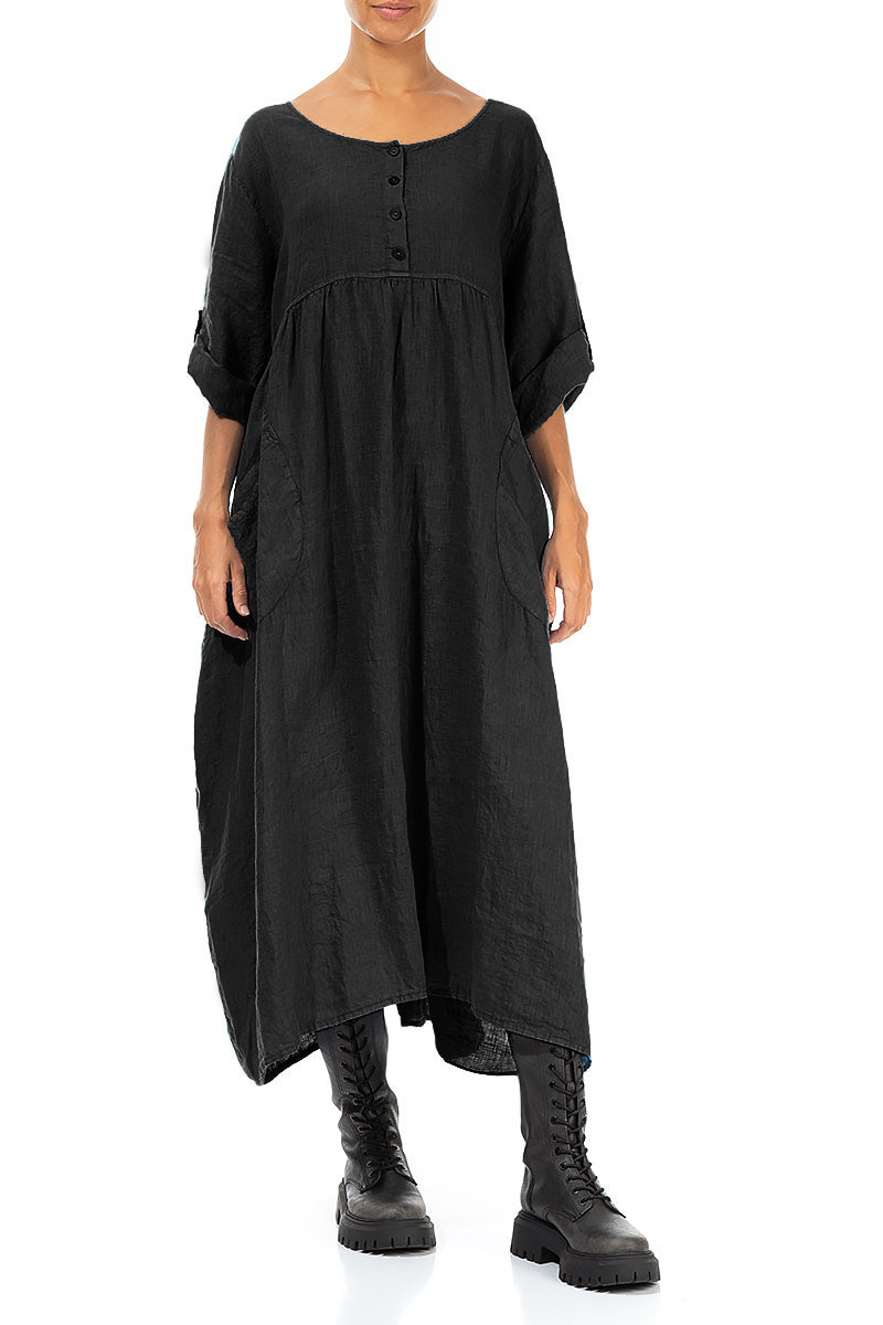 Buttoned Black Linen Dress