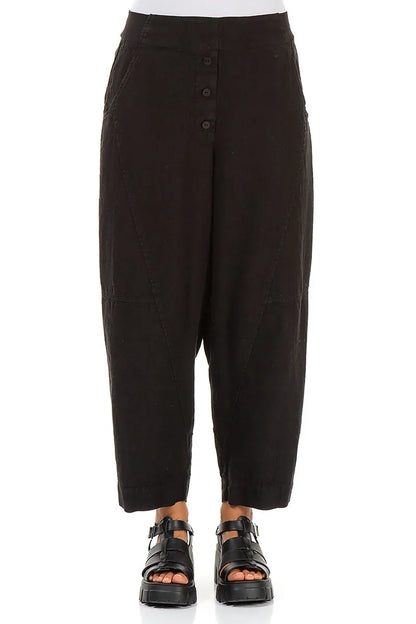 Buttoned Black Linen Trousers