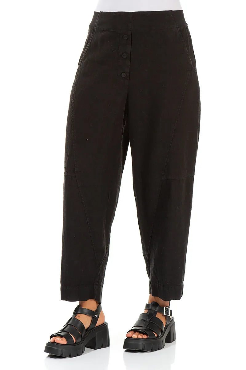 Buttoned Black Linen Trousers