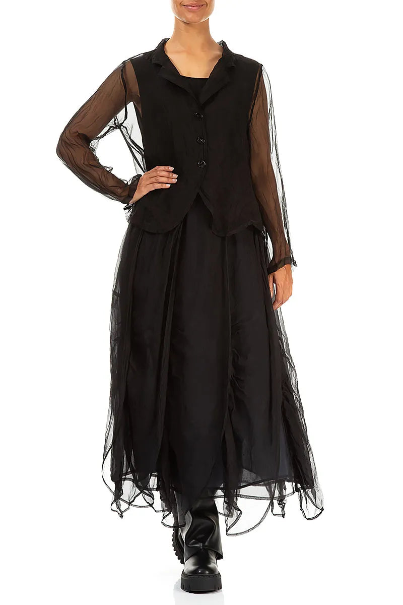 Buttoned Short Black Silk Chiffon Jacket 4