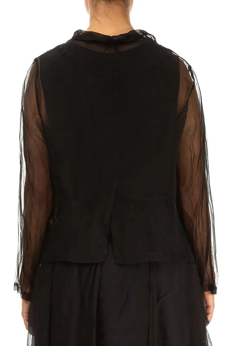 Buttoned Short Black Silk Chiffon Jacket 2