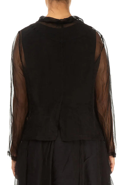 Buttoned Short Black Silk Chiffon Jacket 2