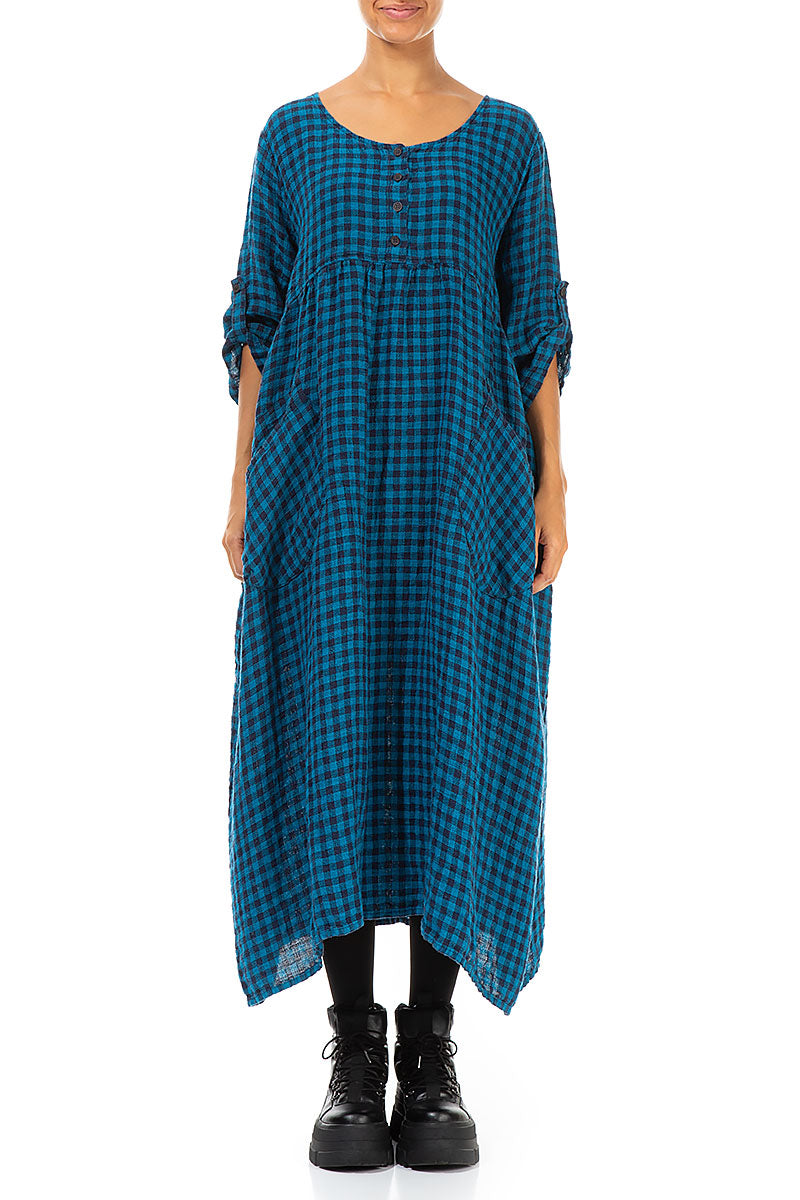 Buttoned Blue Check Linen Dress