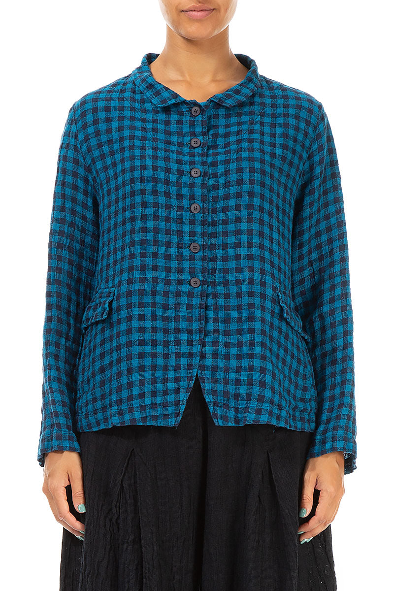 Buttoned Blue Check Linen Jacket