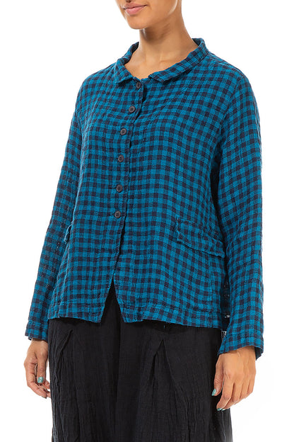 Buttoned Blue Check Linen Jacket