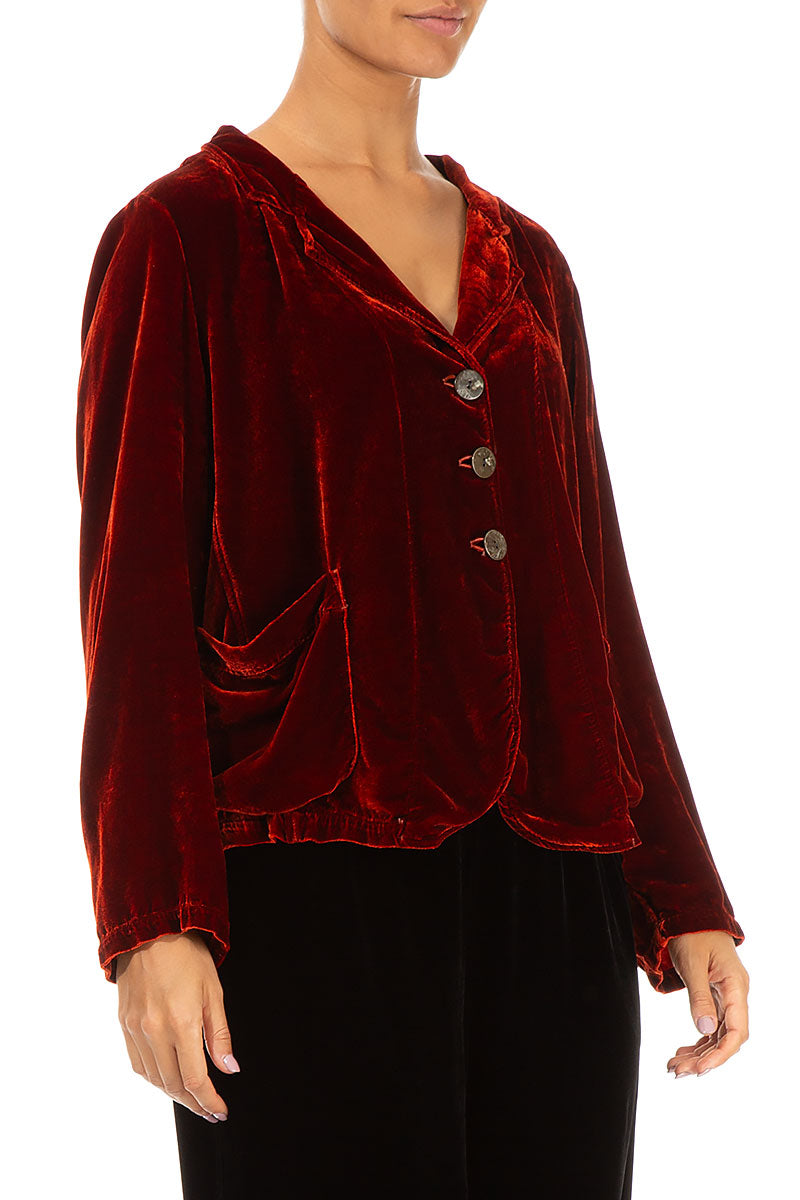 Buttoned Brick Silk Velvet Jacket