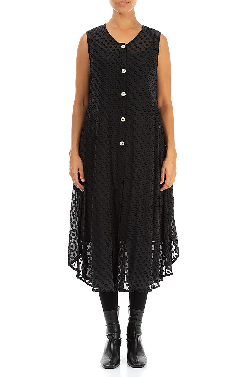Buttoned Bubbly Pattern Black Silk Tunic Dress