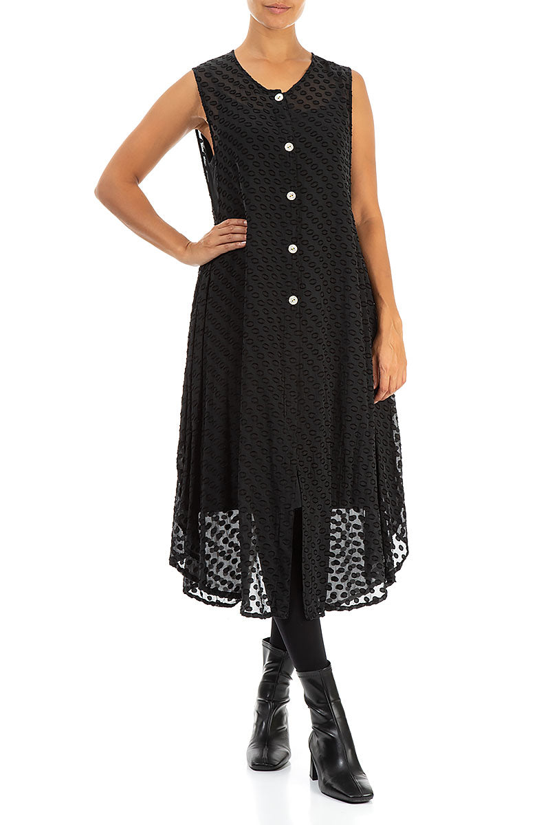 Buttoned Bubbly Pattern Black Silk Tunic Dress