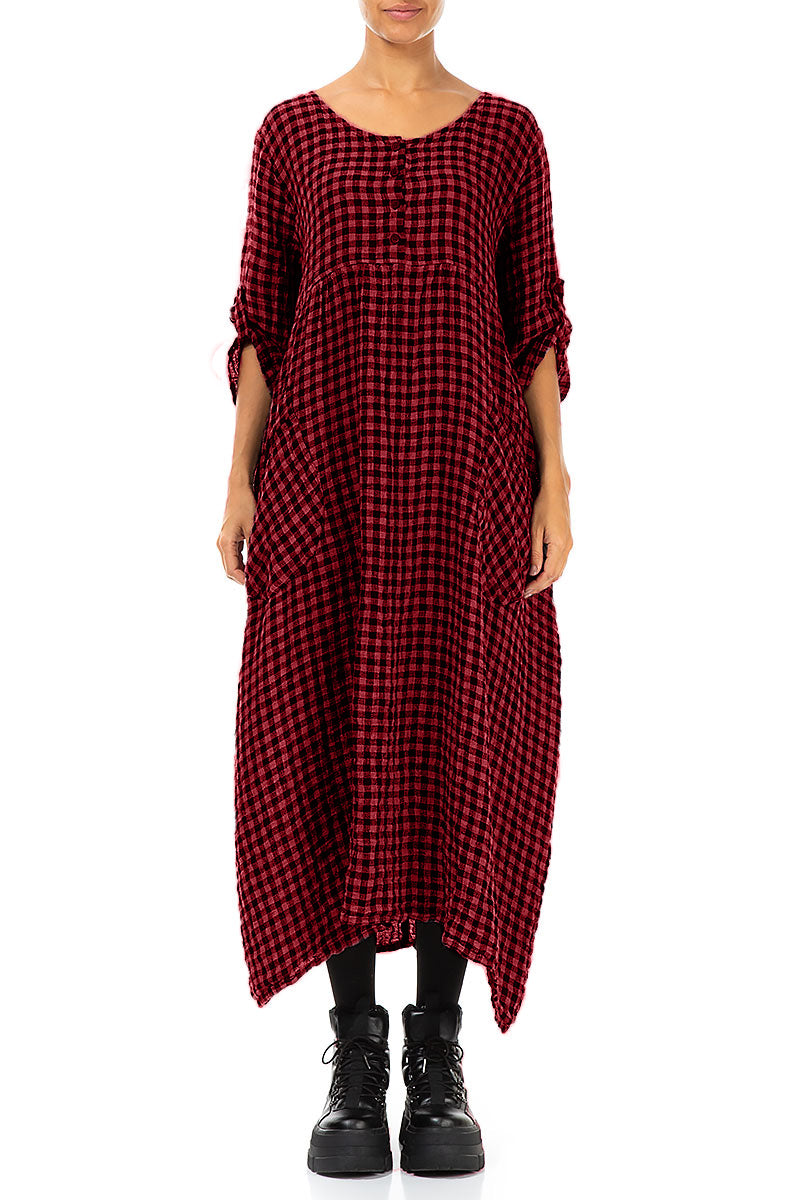 Buttoned Red Check Linen Dress 1