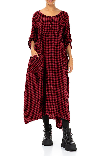 Buttoned Red Check Linen Dress 4