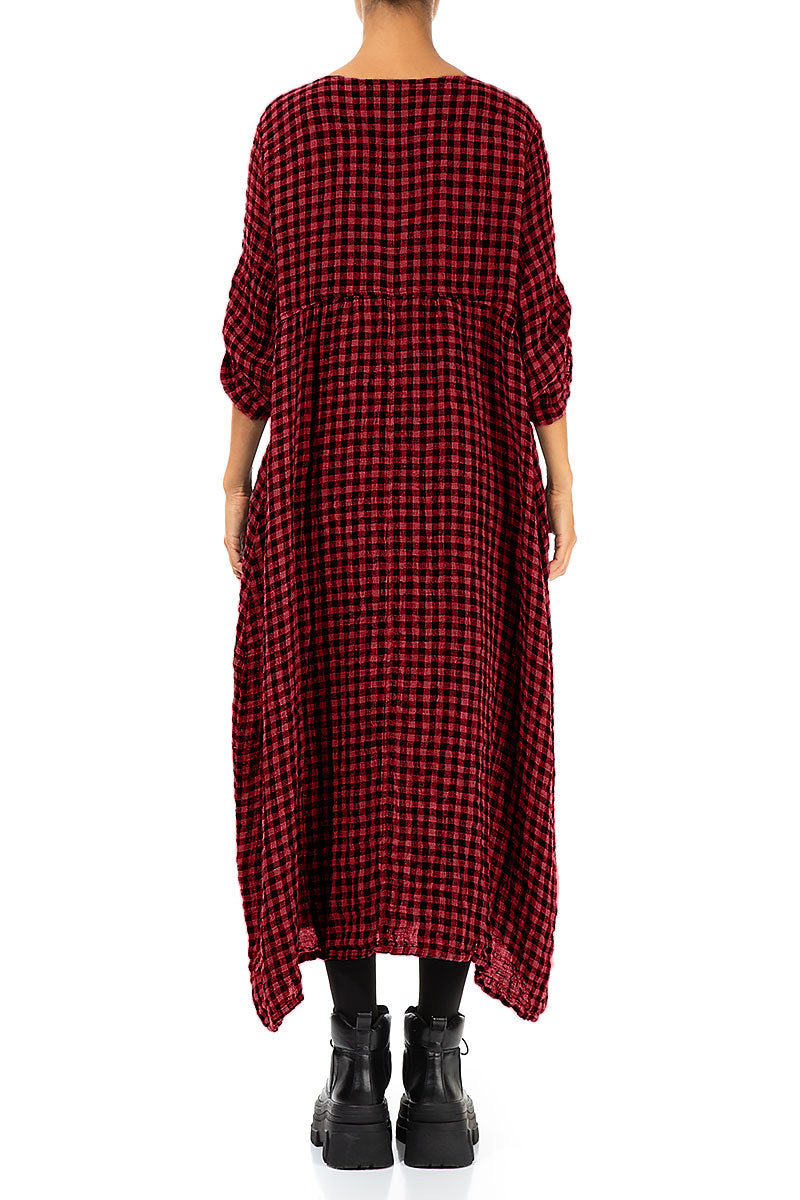 Buttoned Red Check Linen Dress 2