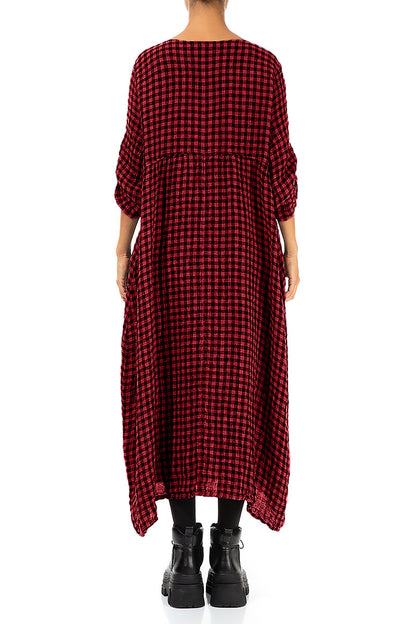 Buttoned Red Check Linen Dress 2