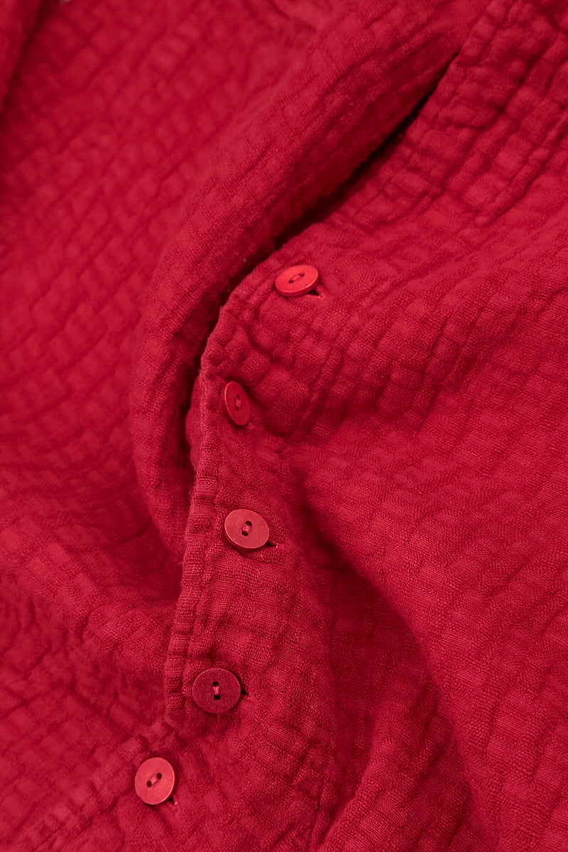 Buttoned Cherry Red Textured Linen Jacket 5