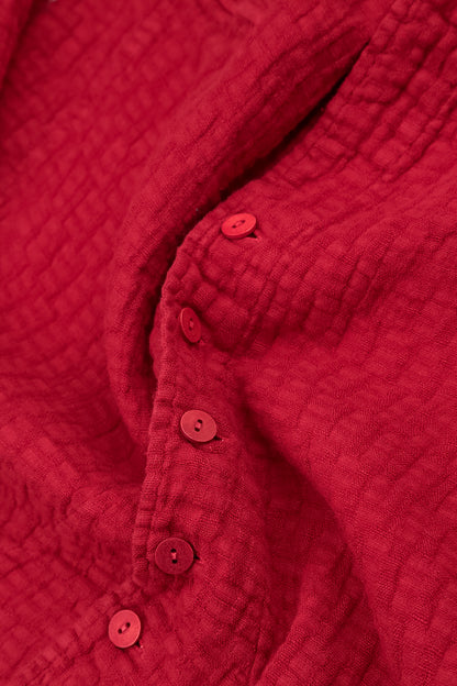 Buttoned Cherry Red Textured Linen Jacket 5