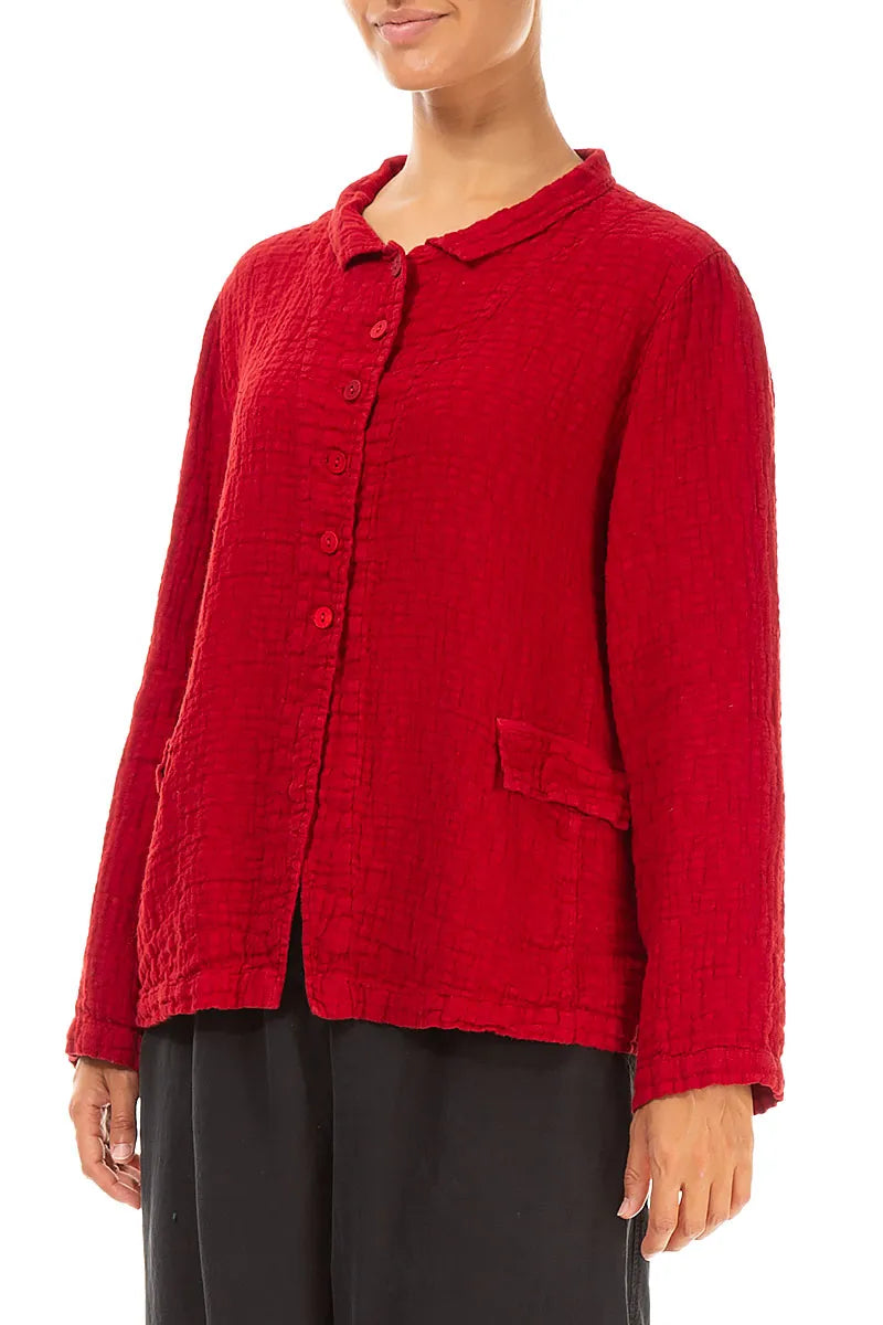 Buttoned Cherry Red Textured Linen Jacket 3