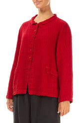 Buttoned Cherry Red Textured Linen Jacket 3