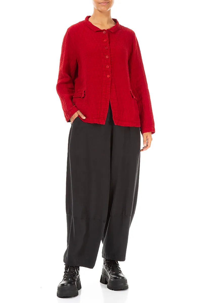 Buttoned Cherry Red Textured Linen Jacket 4