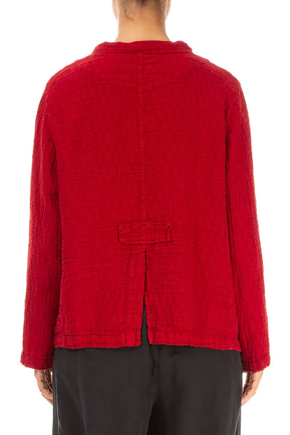 Buttoned Cherry Red Textured Linen Jacket 2