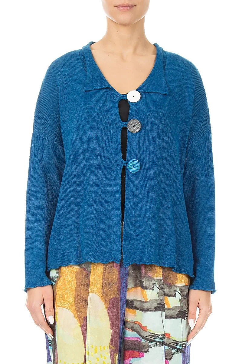 Buttoned Cobalt Blue Linen Cardigan 1