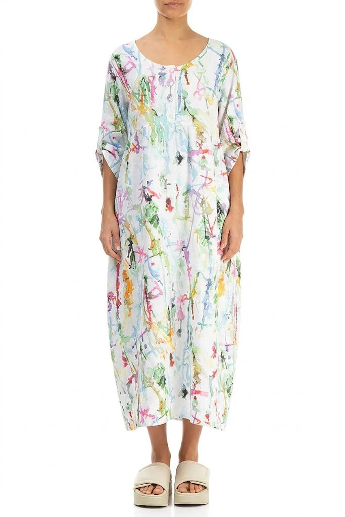 Buttoned Colour Splash Linen Dress 1