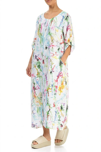 Buttoned Colour Splash Linen Dress
