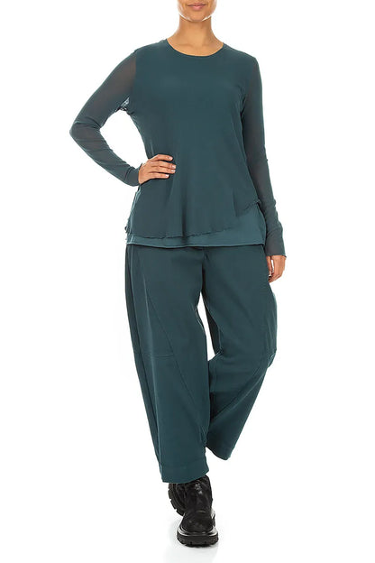 Buttoned Deep Turquoise Denim Cotton Trousers 4