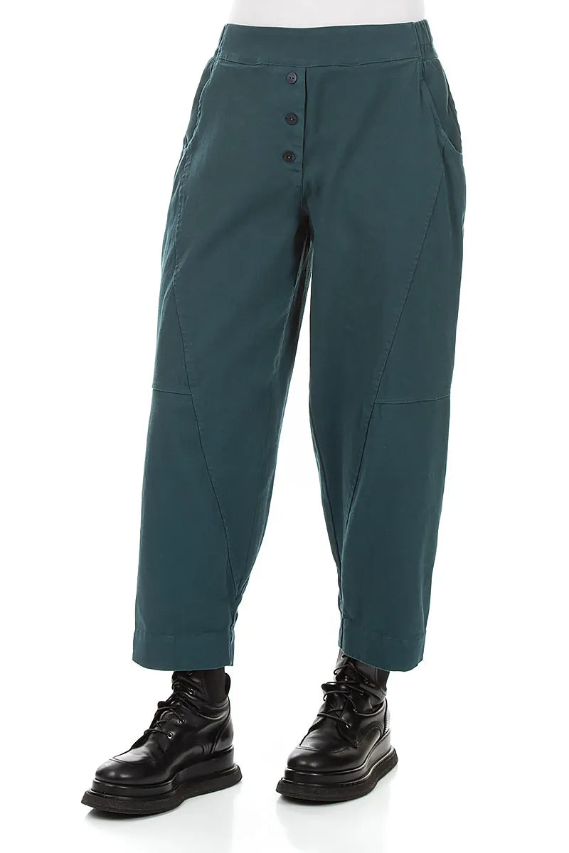 Buttoned Deep Turquoise Denim Cotton Trousers