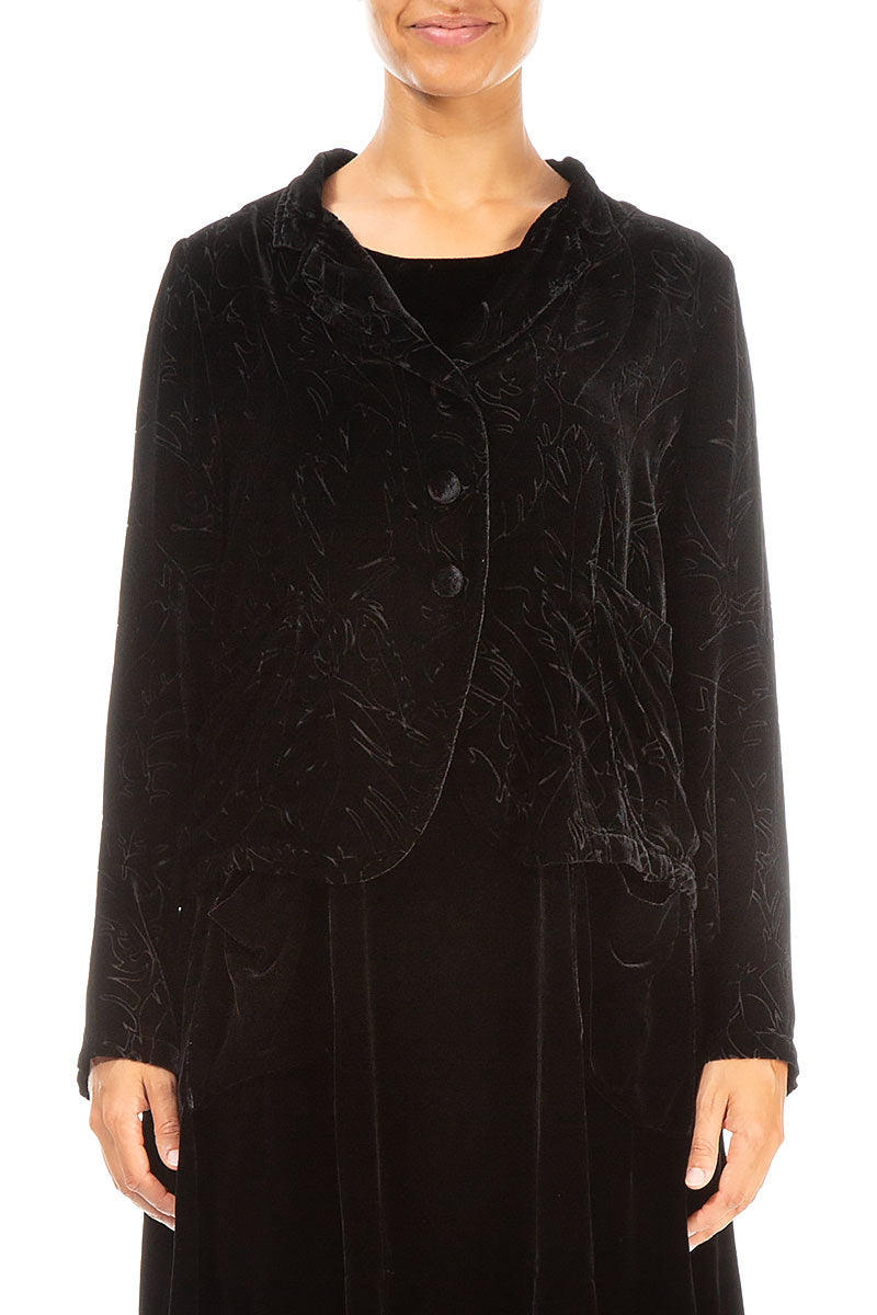 Buttoned Devoré Feather Black Silk Velvet Jacket