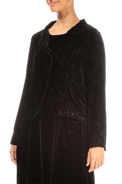 Buttoned Devoré Feather Black Silk Velvet Jacket