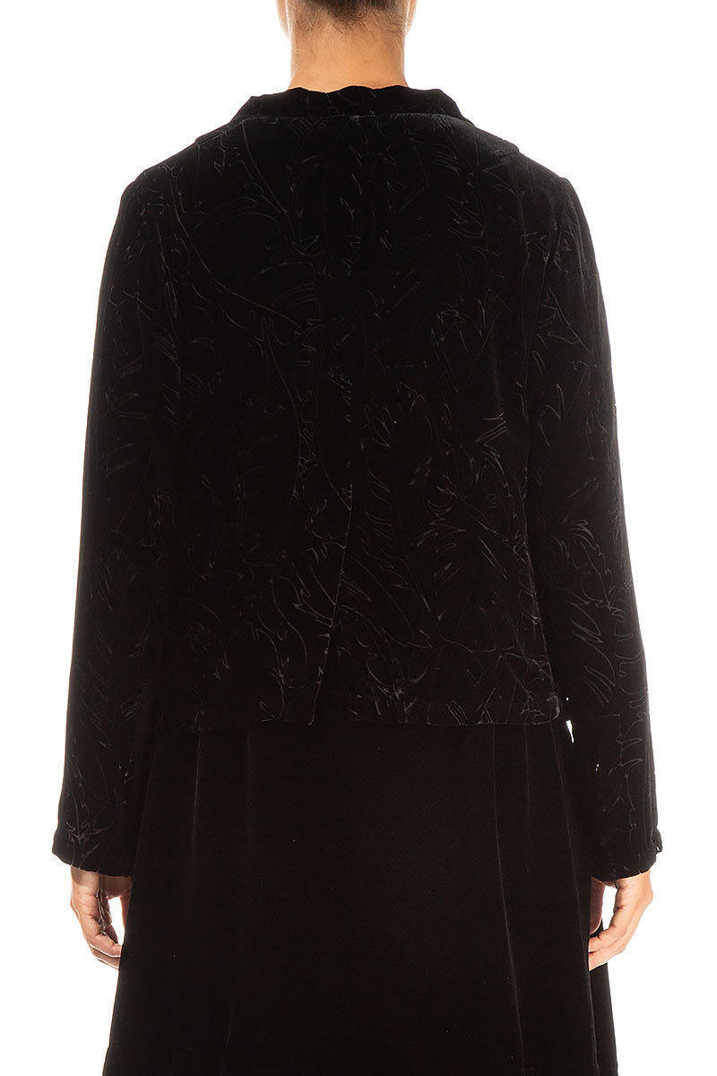 Buttoned Devoré Feather Black Silk Velvet Jacket