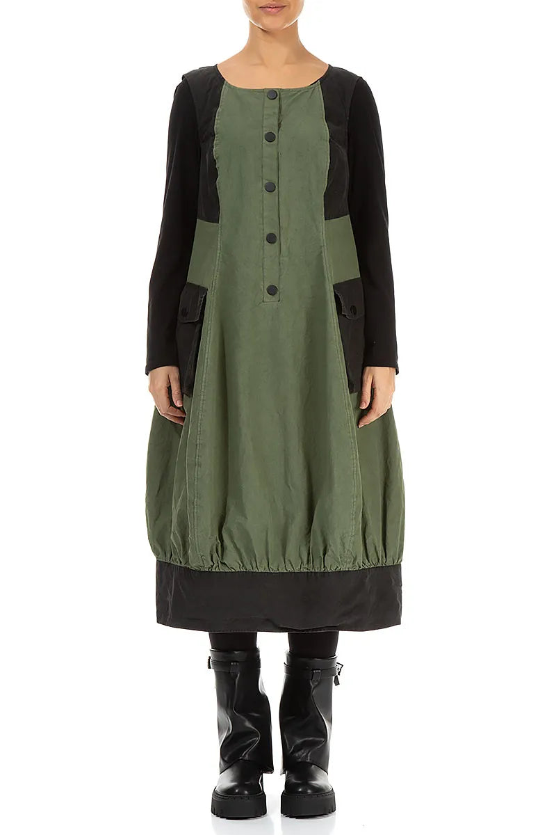 Buttoned Forest Mist Cotton Pinafore Dress 1