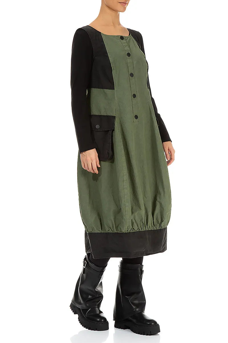 Buttoned Forest Mist Cotton Pinafore Dress 3