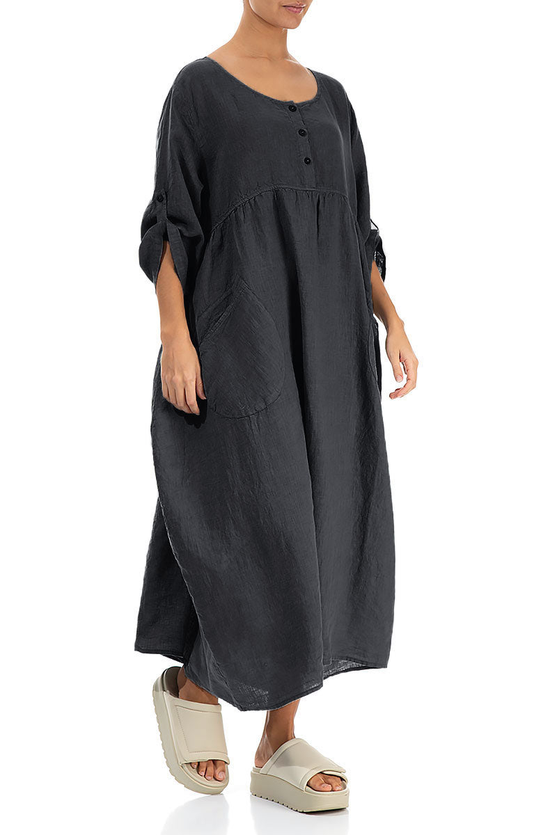 Buttoned Graphite Linen Dress 3