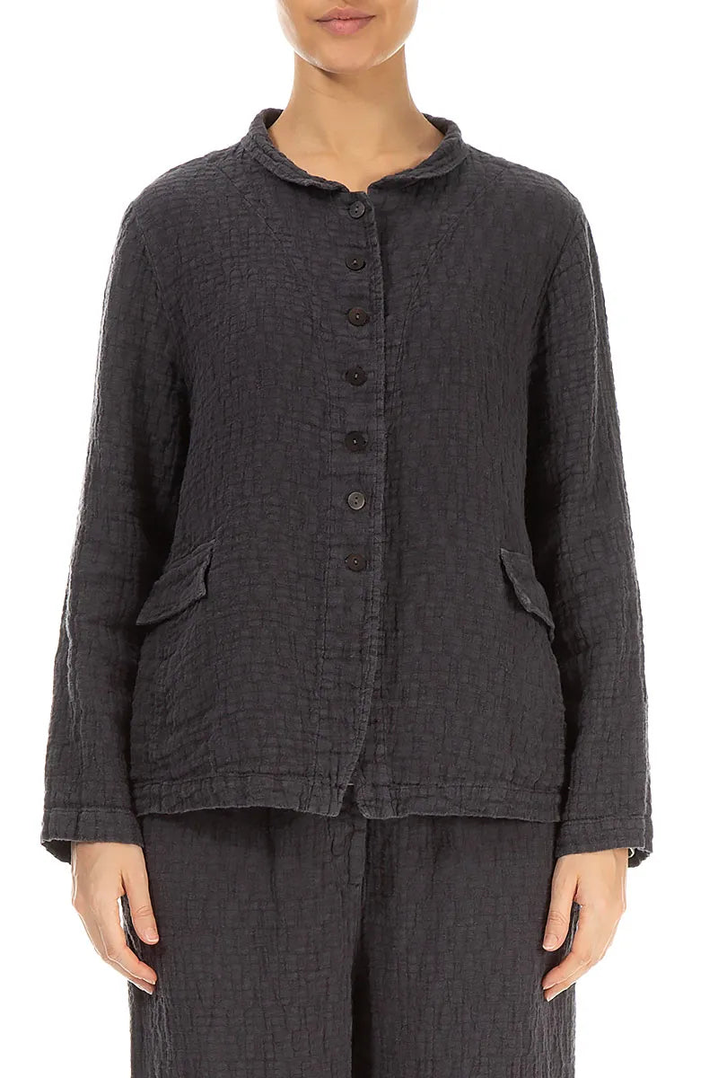 Buttoned Graphite Textured Linen Jacket 1