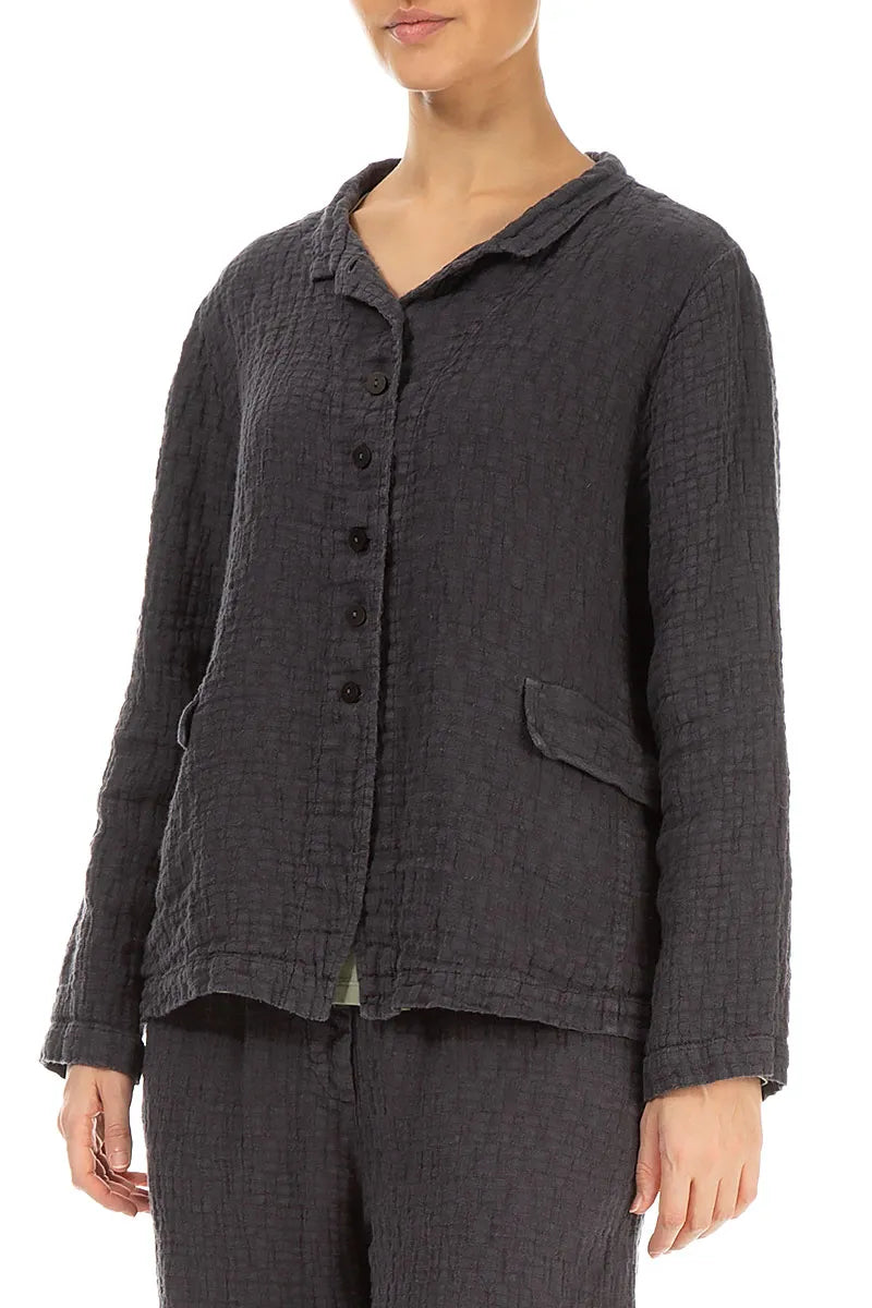 Buttoned Graphite Textured Linen Jacket 3