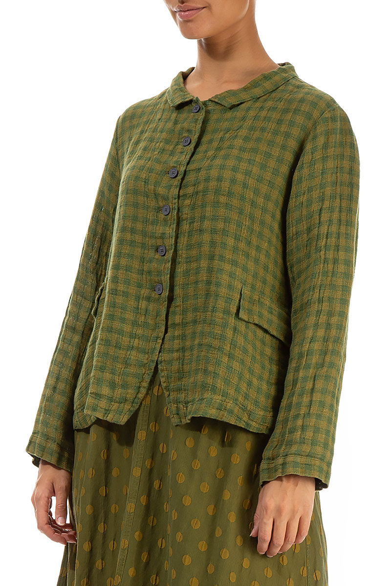 Buttoned Green Check Linen Jacket