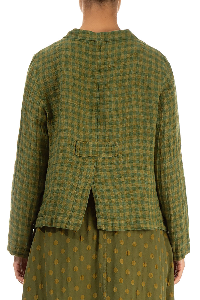 Buttoned Green Check Linen Jacket