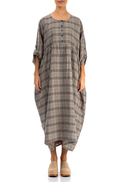 Buttoned Greige Check Linen Dress XL Buttoned Greige Check Linen Dress XL