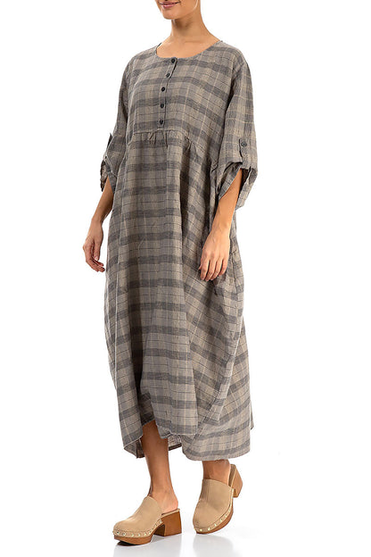women grey check linen dress Handmade Checkered Linen Midi Dress: Long Sleeve Button-up