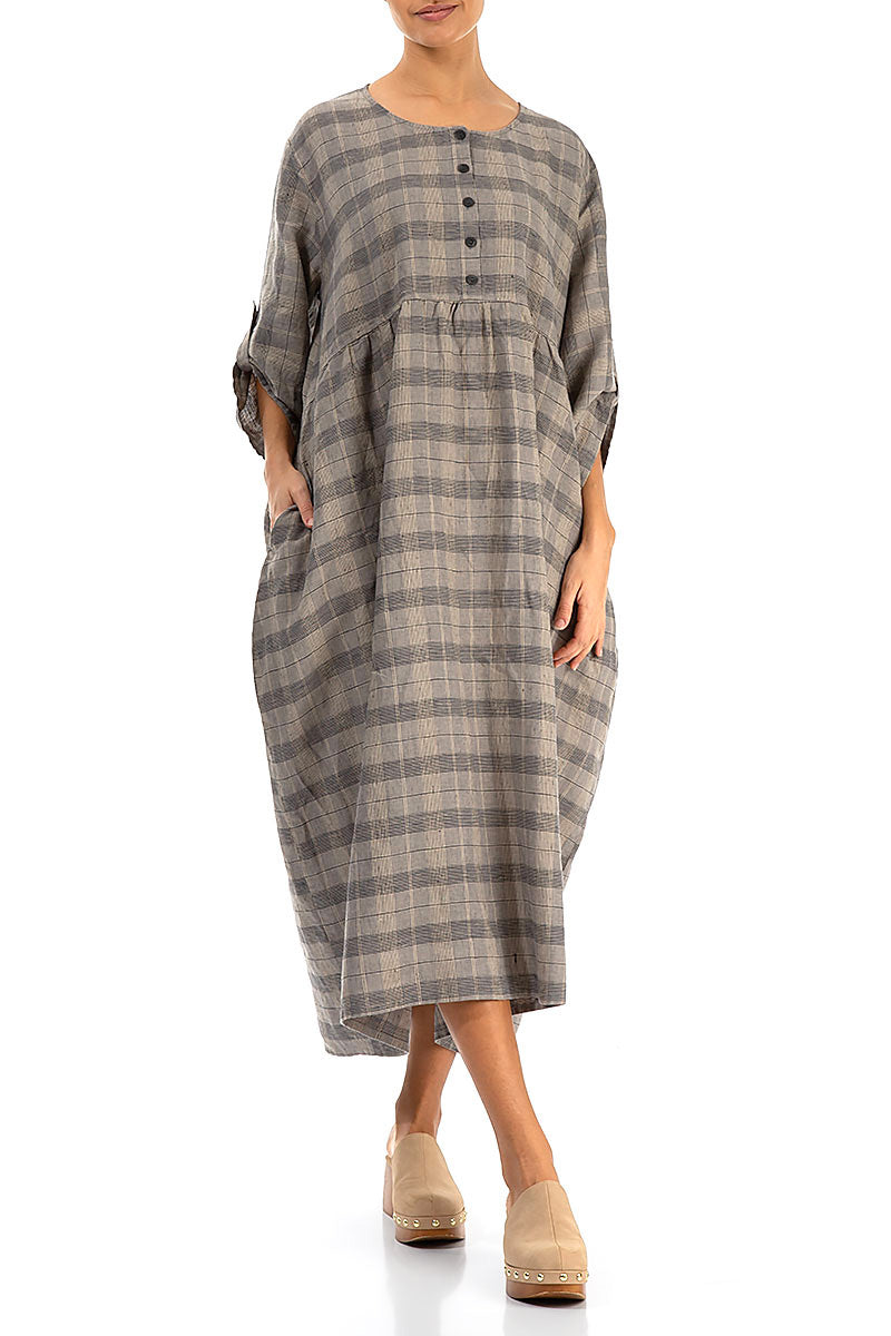 grey check linen dress Buttoned Greige Check Linen Dress M