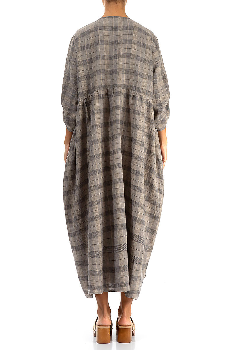 Buttoned Greige Check Linen Dress 2XL Buttoned Greige Check Linen Dress 2XL