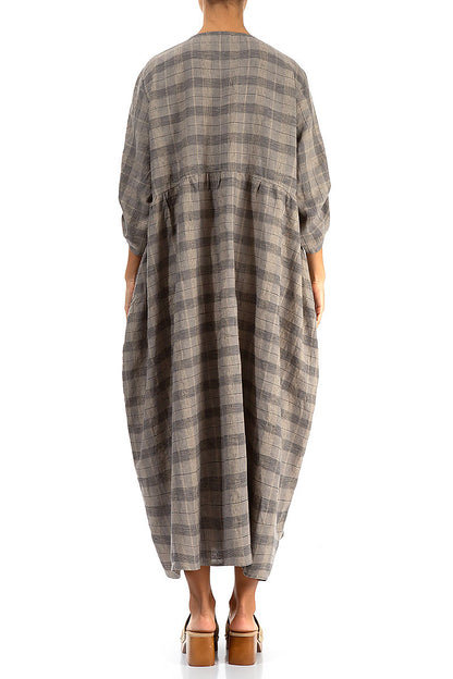 Buttoned Greige Check Linen Dress grizas.com Buttoned Greige Check Linen Dress grizas.com