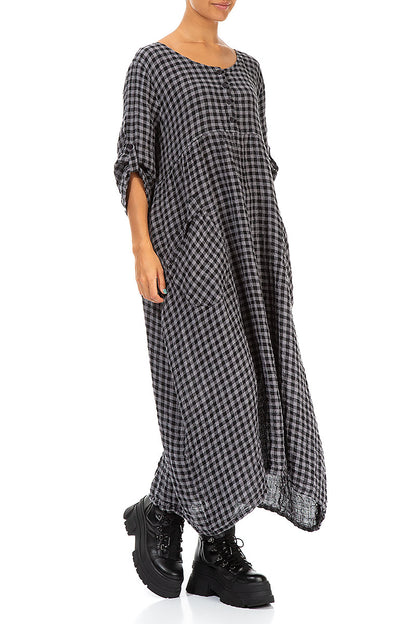 Buttoned Grey Check Linen Dress