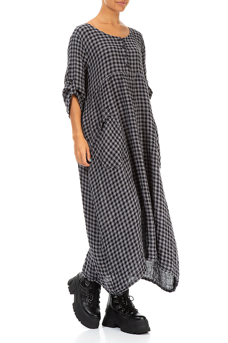 Buttoned Grey Check Linen Dress 4