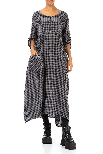 Buttoned Grey Check Linen Dress 3